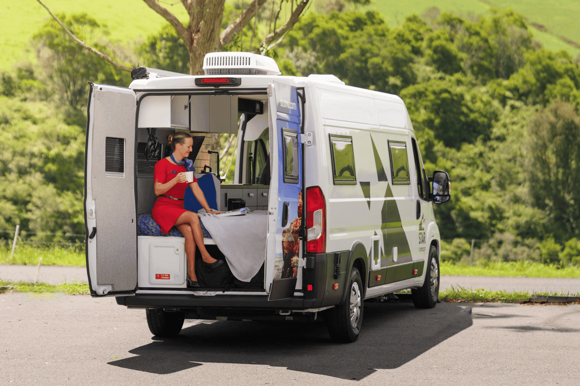 Virgin Cabin Crew having a cuppa in Star RV Polaris 2 motorhome