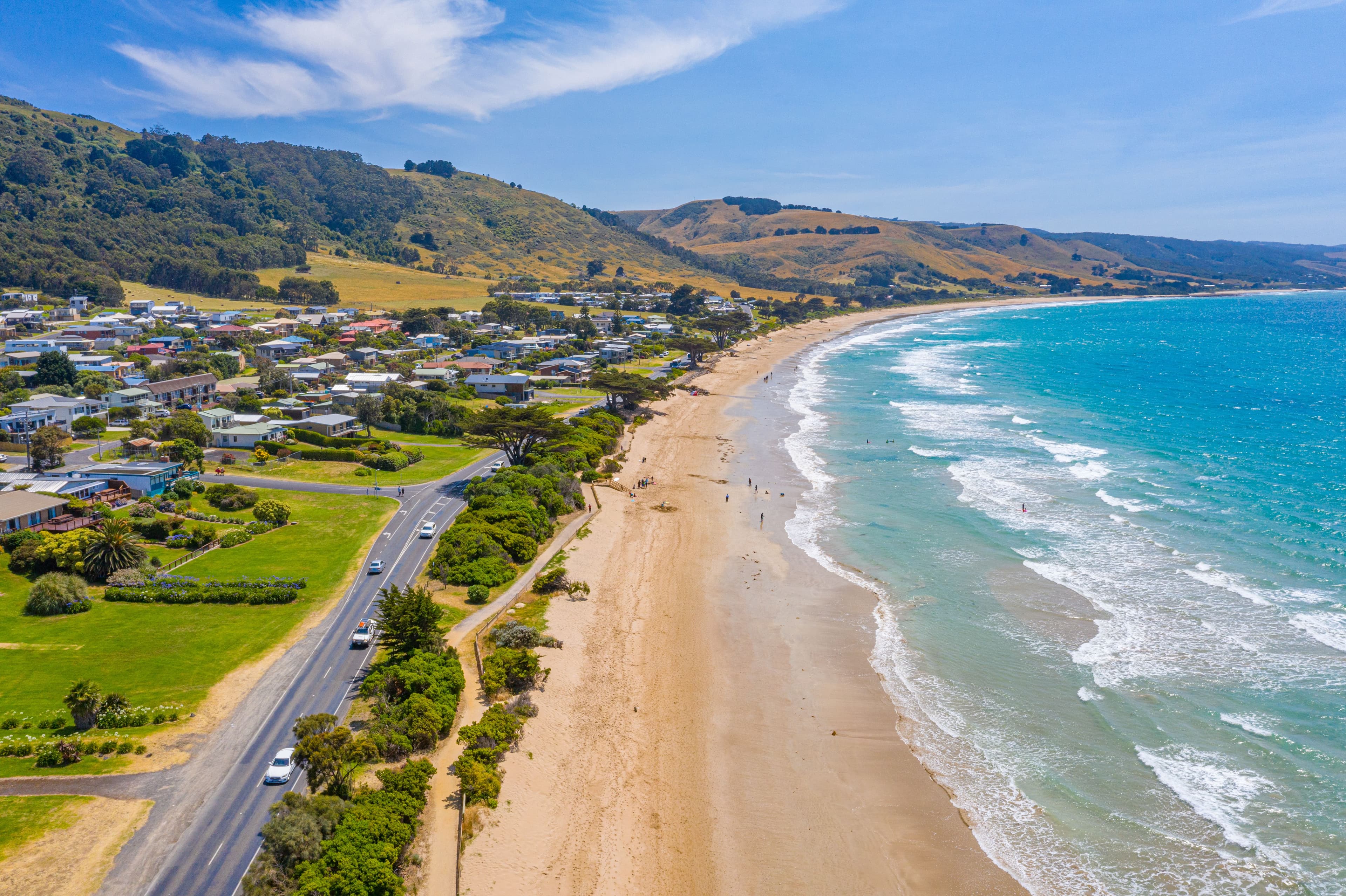 An ariel view of the golden sands and vibrants waters of Apollo Bay