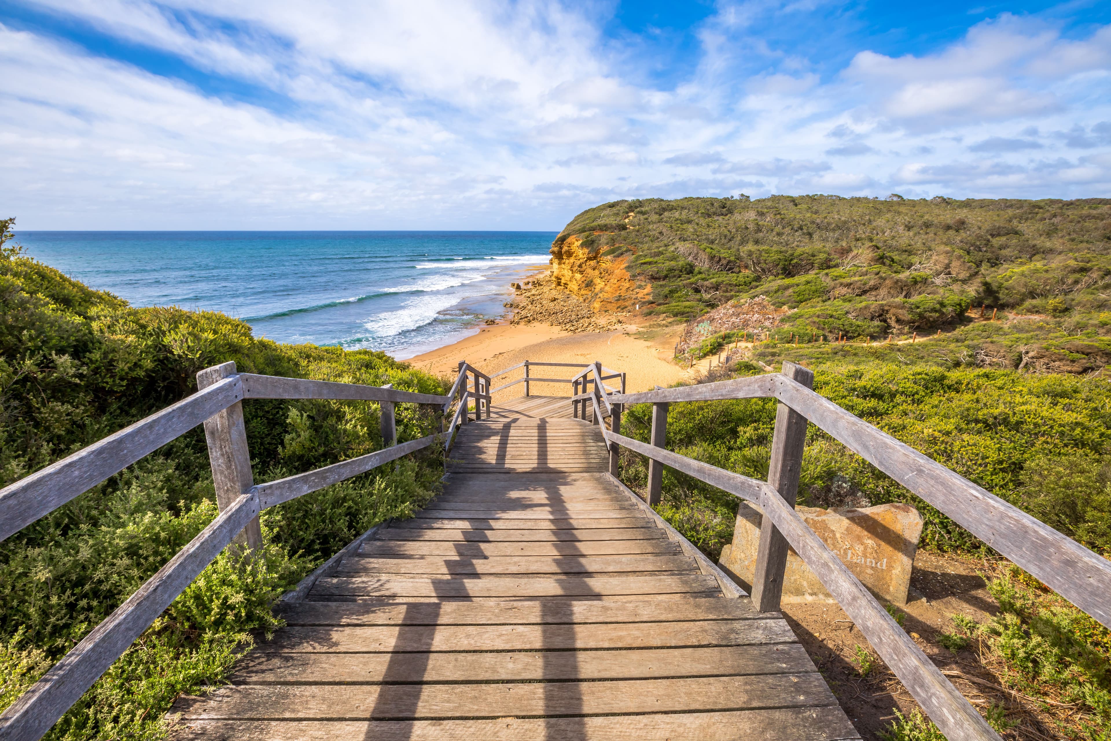 The iconic wooden stairs lead down to the famous Bells Beach, a well known surfing spot in Australia